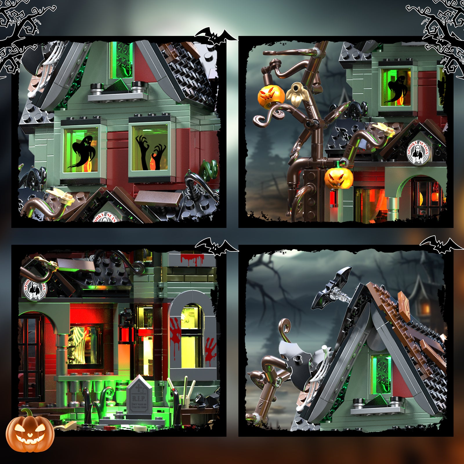 [Presale]Halloween Haunted House Building Set with Lights – Mansion with Skeleton & Pumpkin