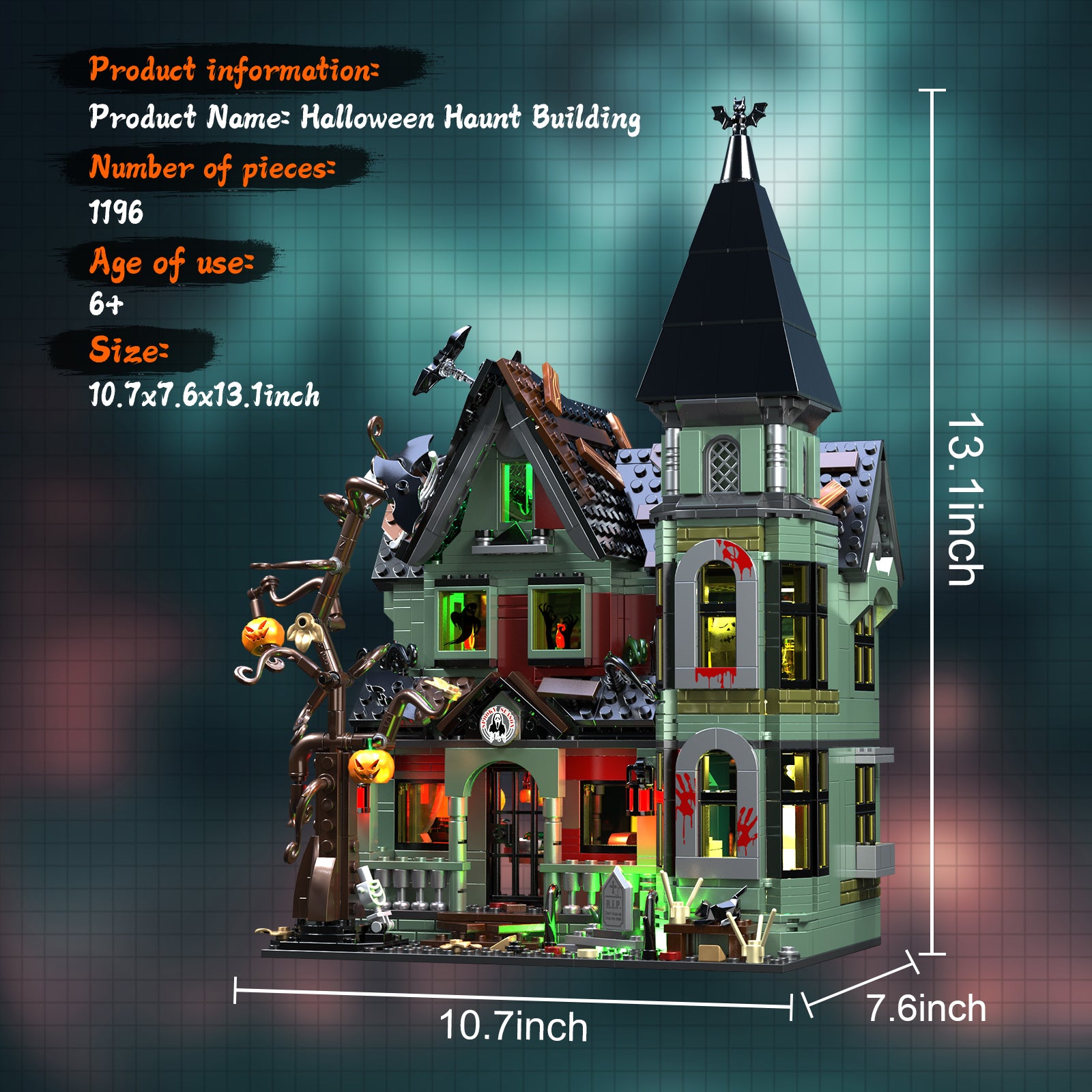 [Presale]Halloween Haunted House Building Set with Lights – Mansion with Skeleton & Pumpkin